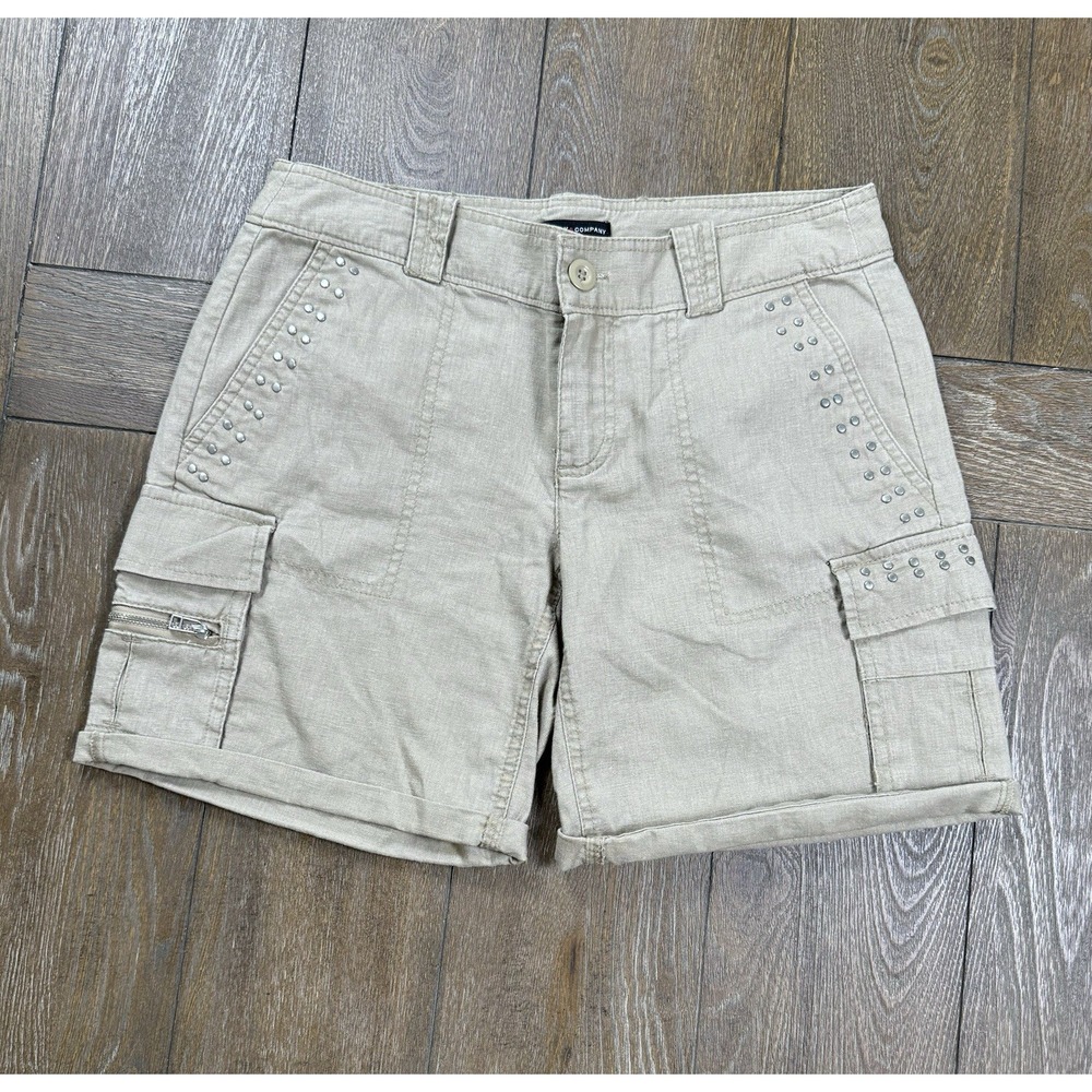 New York & Company Women's Linen Blend Cargo Shorts Studded Khaki Size 0